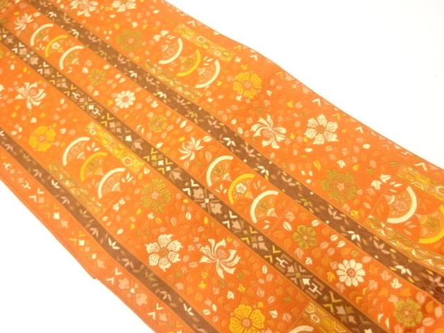 未使用品　縞に草花模様織出し名古屋帯